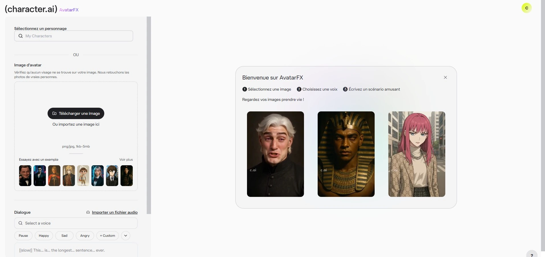 Character AI avatar configuration and FX