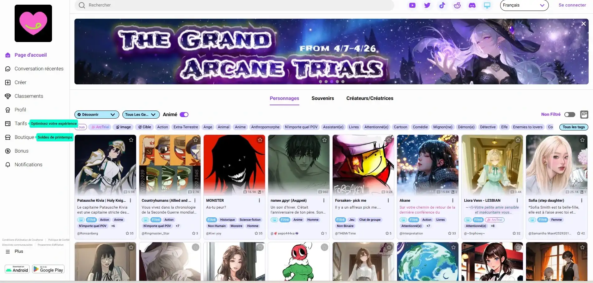 CrushOn AI character catalog and massive community