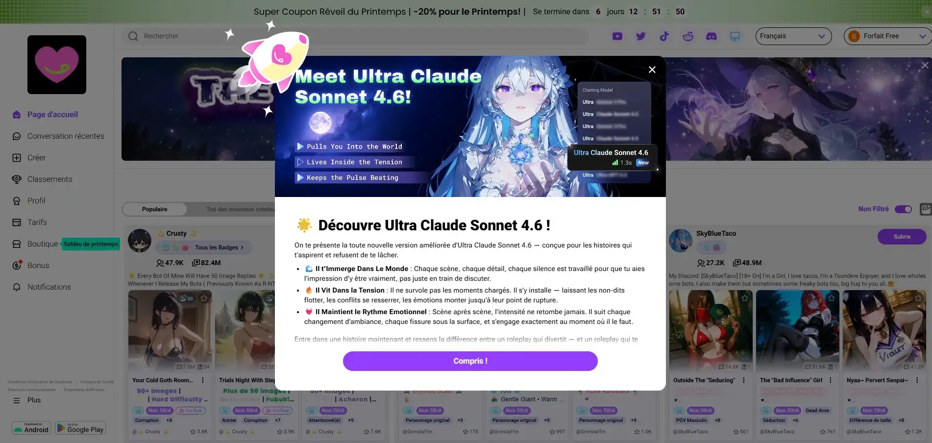 CrushOn AI interface with Ultra Claude Sonnet LLM