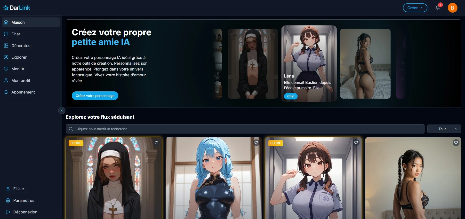 DarLink AI homepage and Hentai character gallery