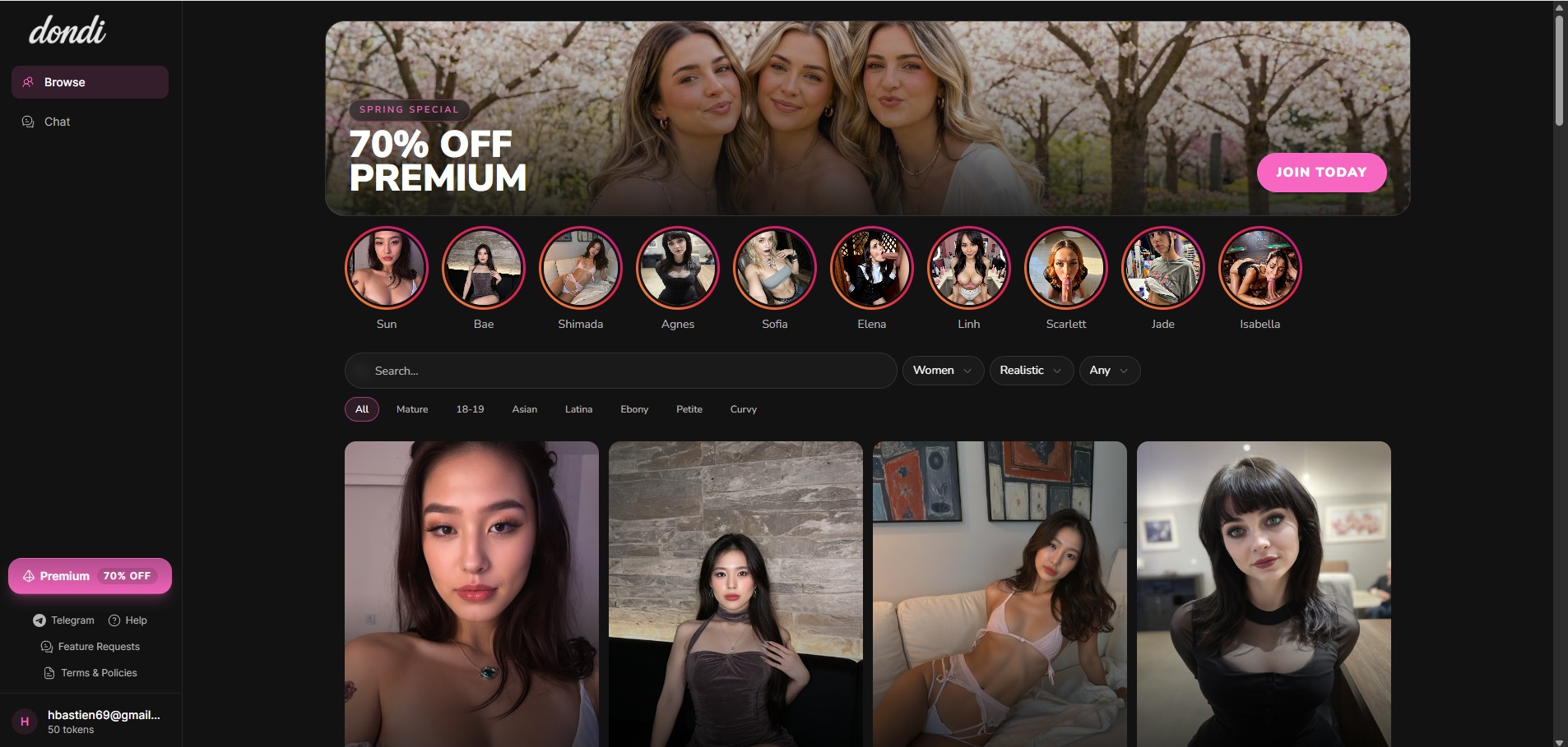 Dondi.ai review — Browse home page showing character catalog, Spring Special 70% OFF banner, ethnicity filters