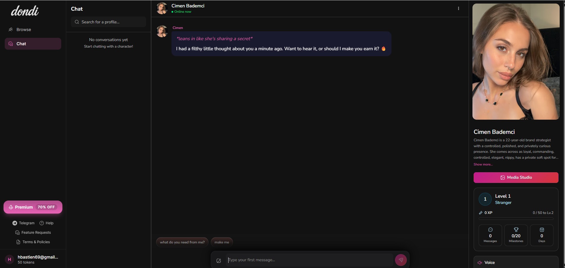 Dondi.ai review — chat interface with character Cimen Bademci, Media Studio sidebar on the right, Level 1 Stranger gamification system with XP bar, Messages / Milestones / Days counters