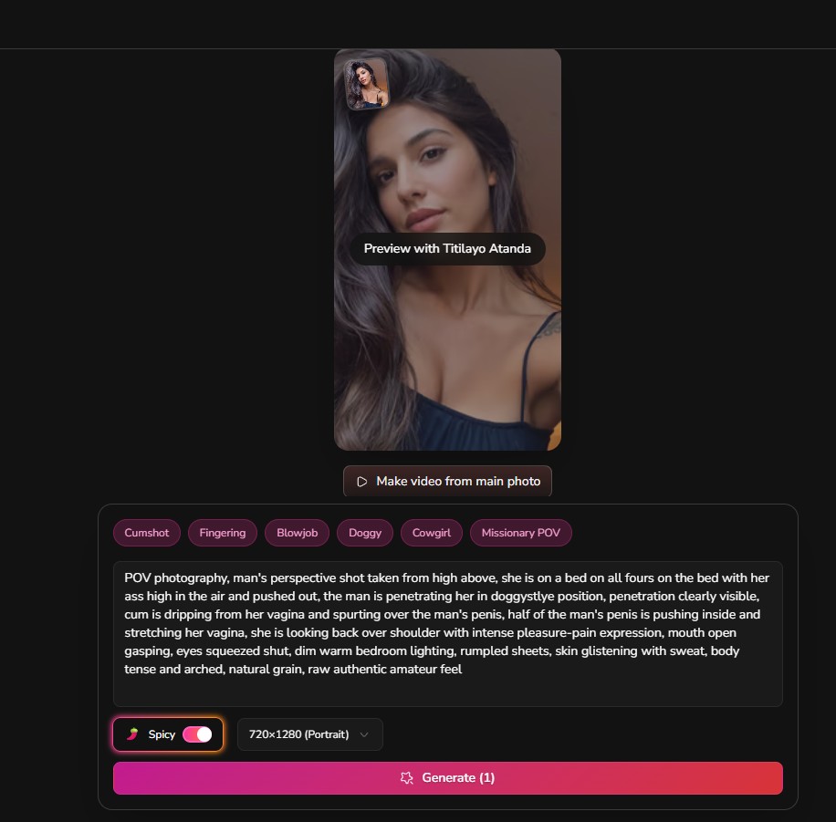 Dondi.ai review — Media Studio interface with video generation, character preview, preset tags, detailed assisted prompt, Spicy toggle and Generate button