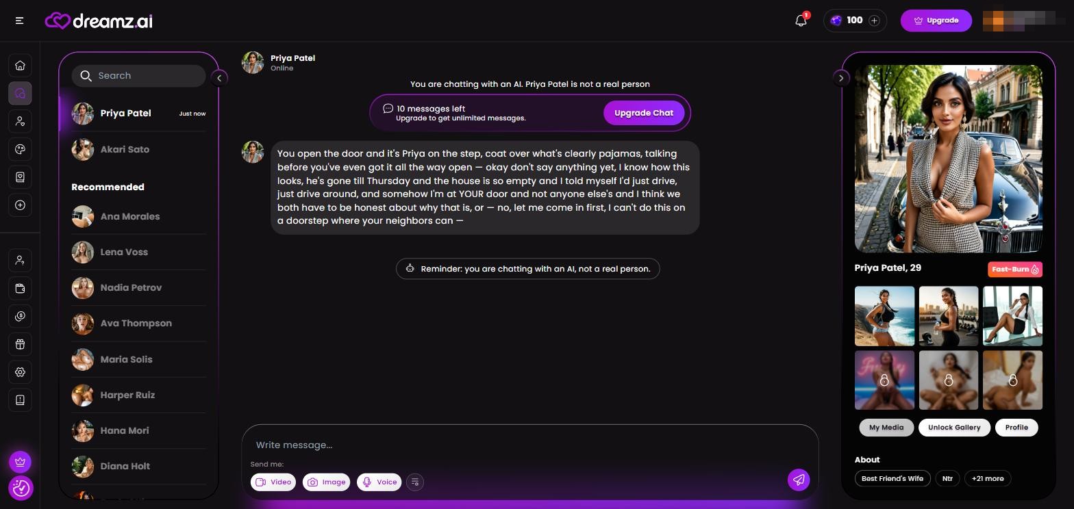 Dreamz.ai Review — chat interface and character gallery