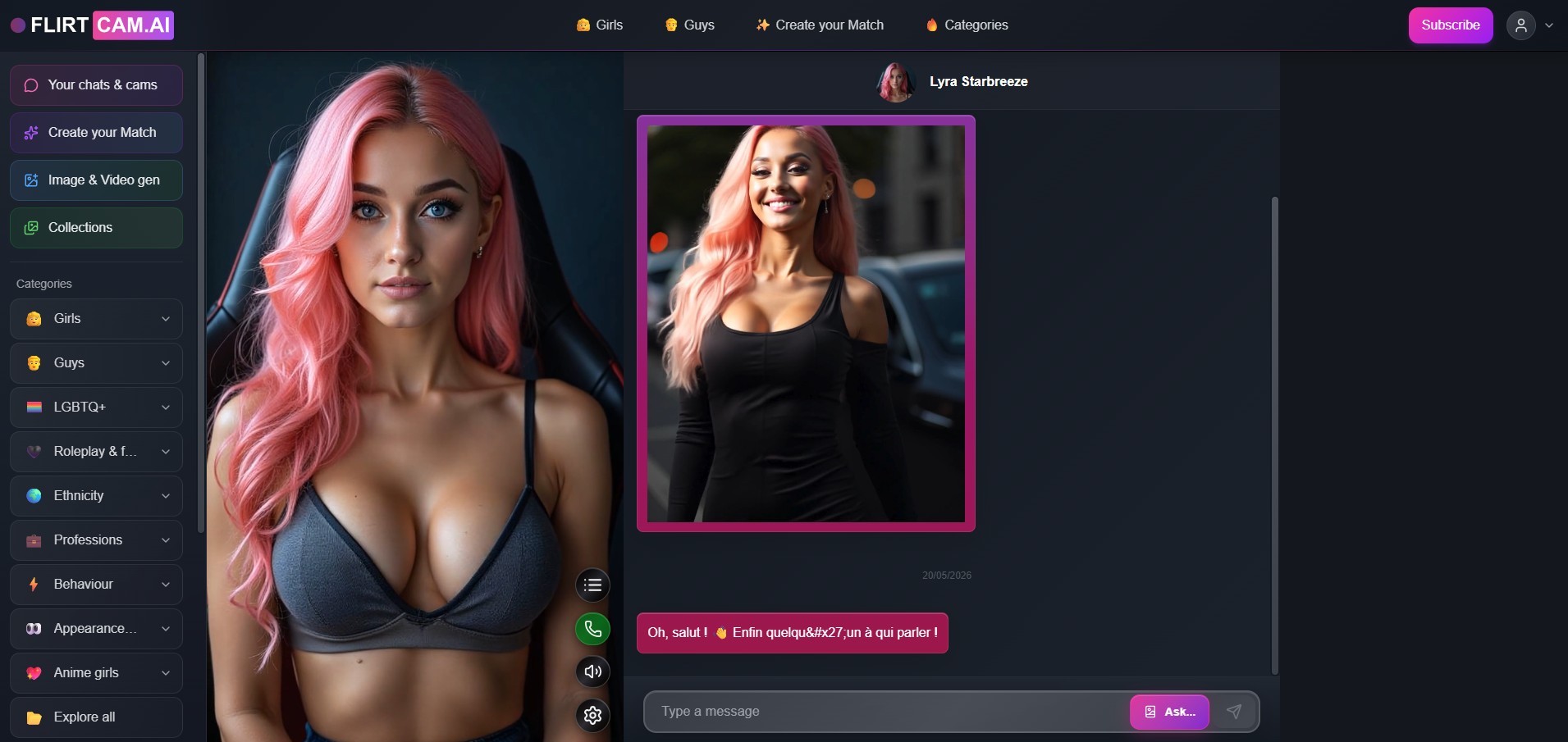 FlirtCam.AI review — sidebar categories and navigation