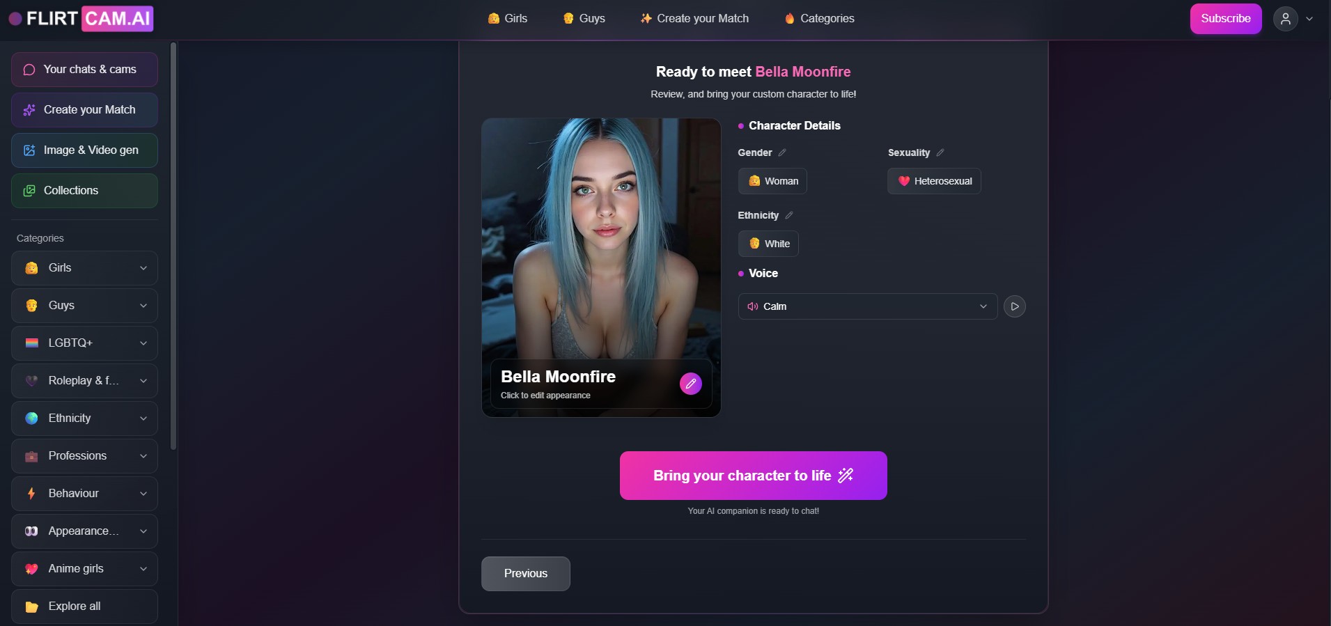 FlirtCam.AI review — detailed character personalization page