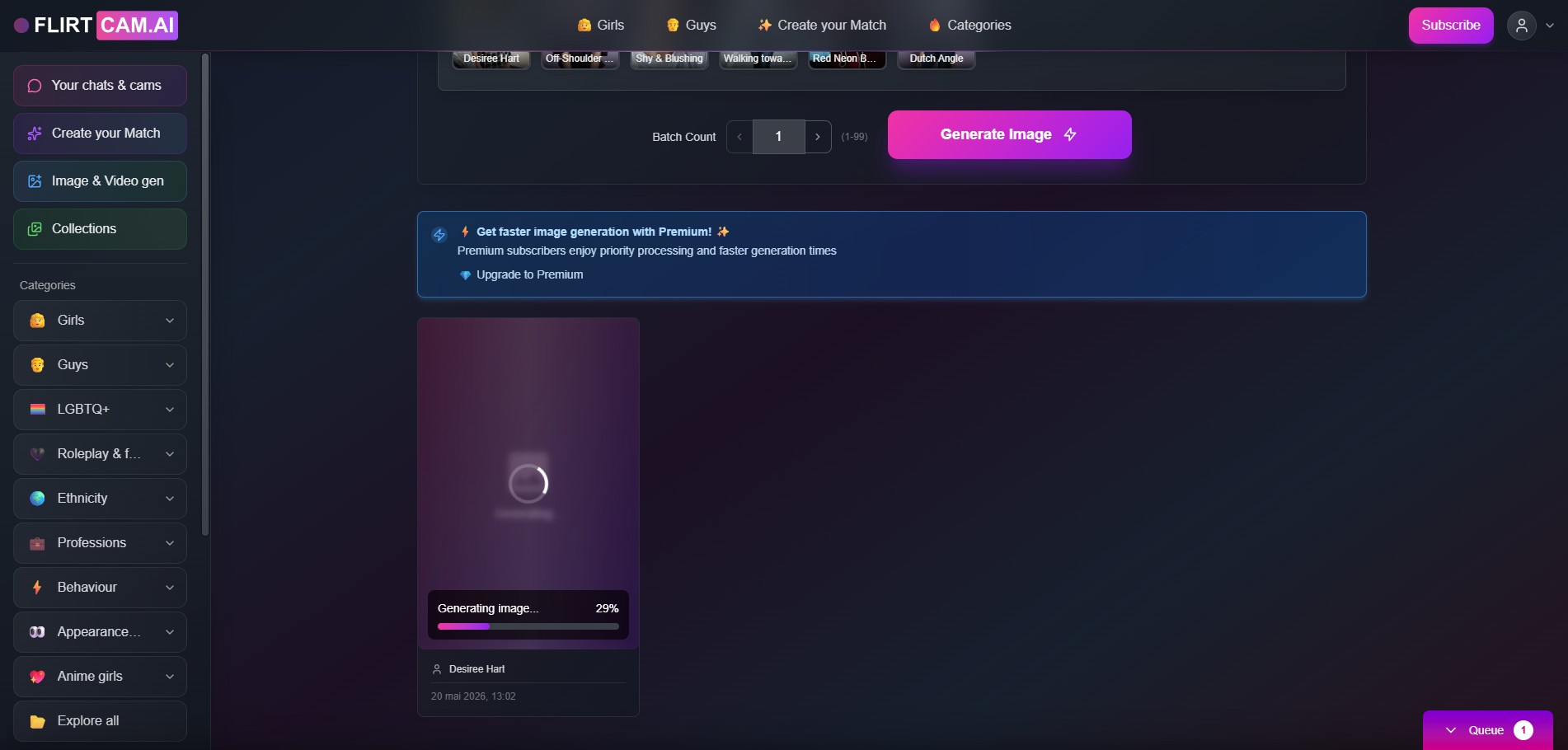 FlirtCam.AI review — image generation interface inside the chat