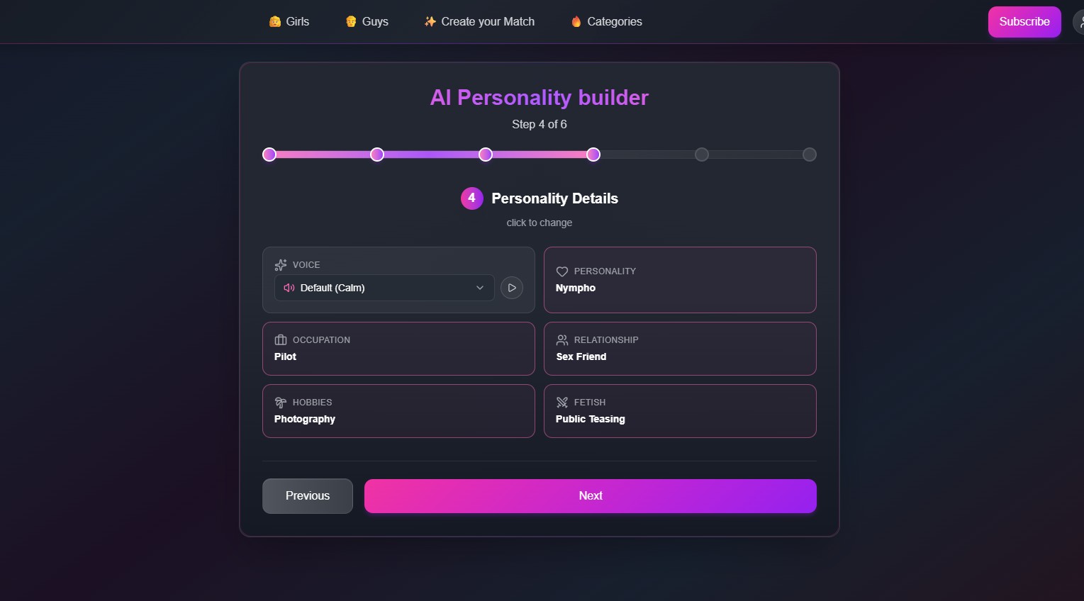 FlirtCam.AI review — AI Personality builder step 4 of 6: personality, occupation, relationship, hobbies, fetish