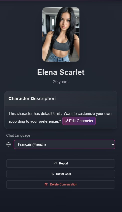 FlirtCam.AI review — per-character language selector, English available