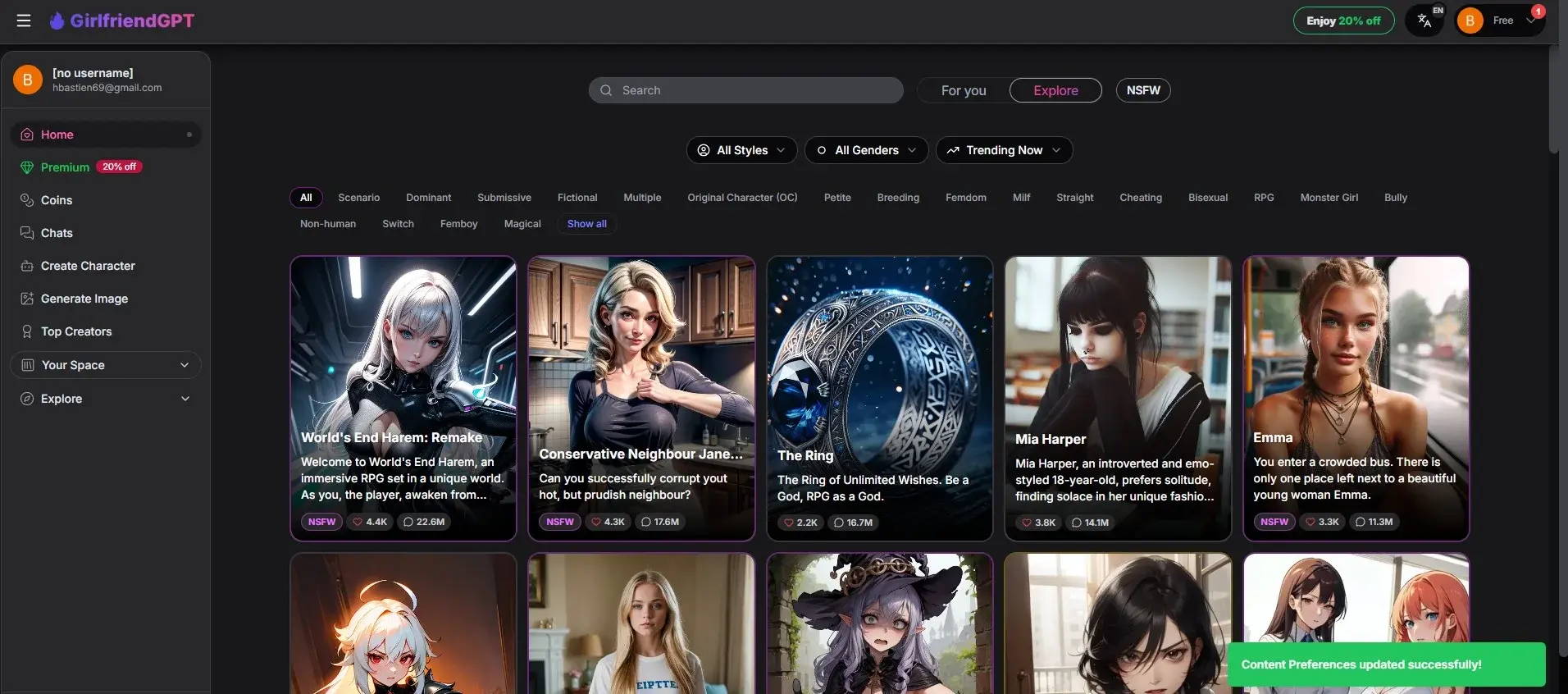 GirlfriendGPT ultra-large catalog with NSFW tags