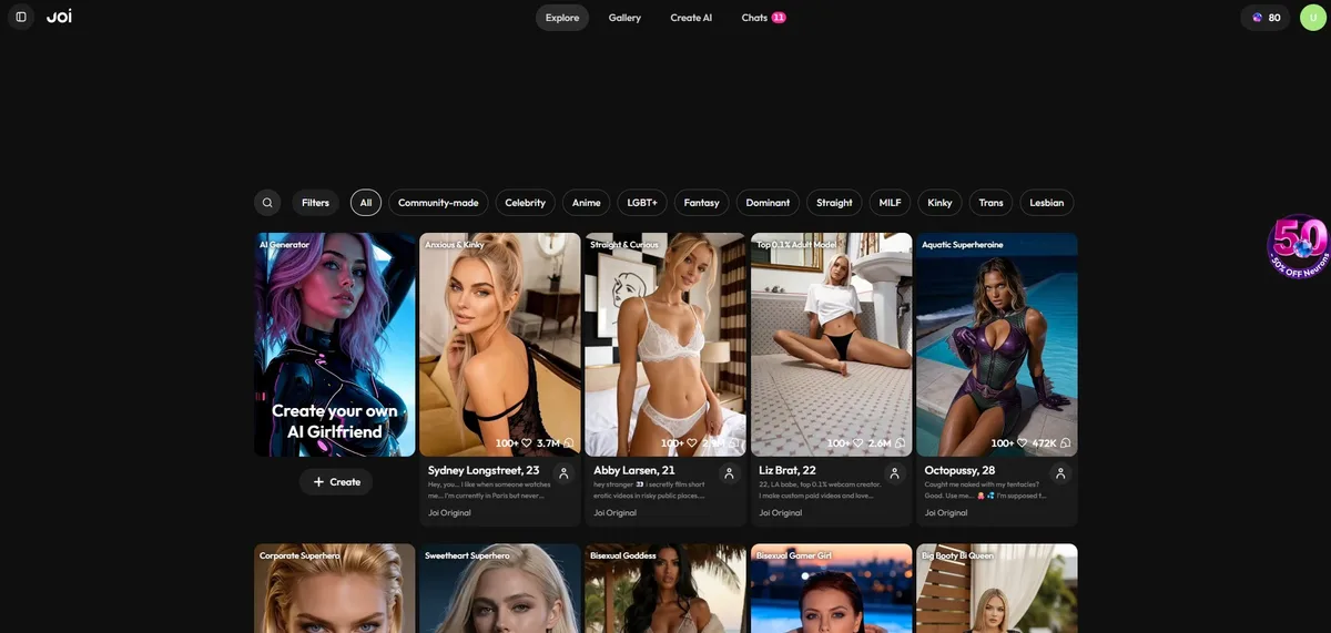 Joi AI review — character gallery with filters and categories