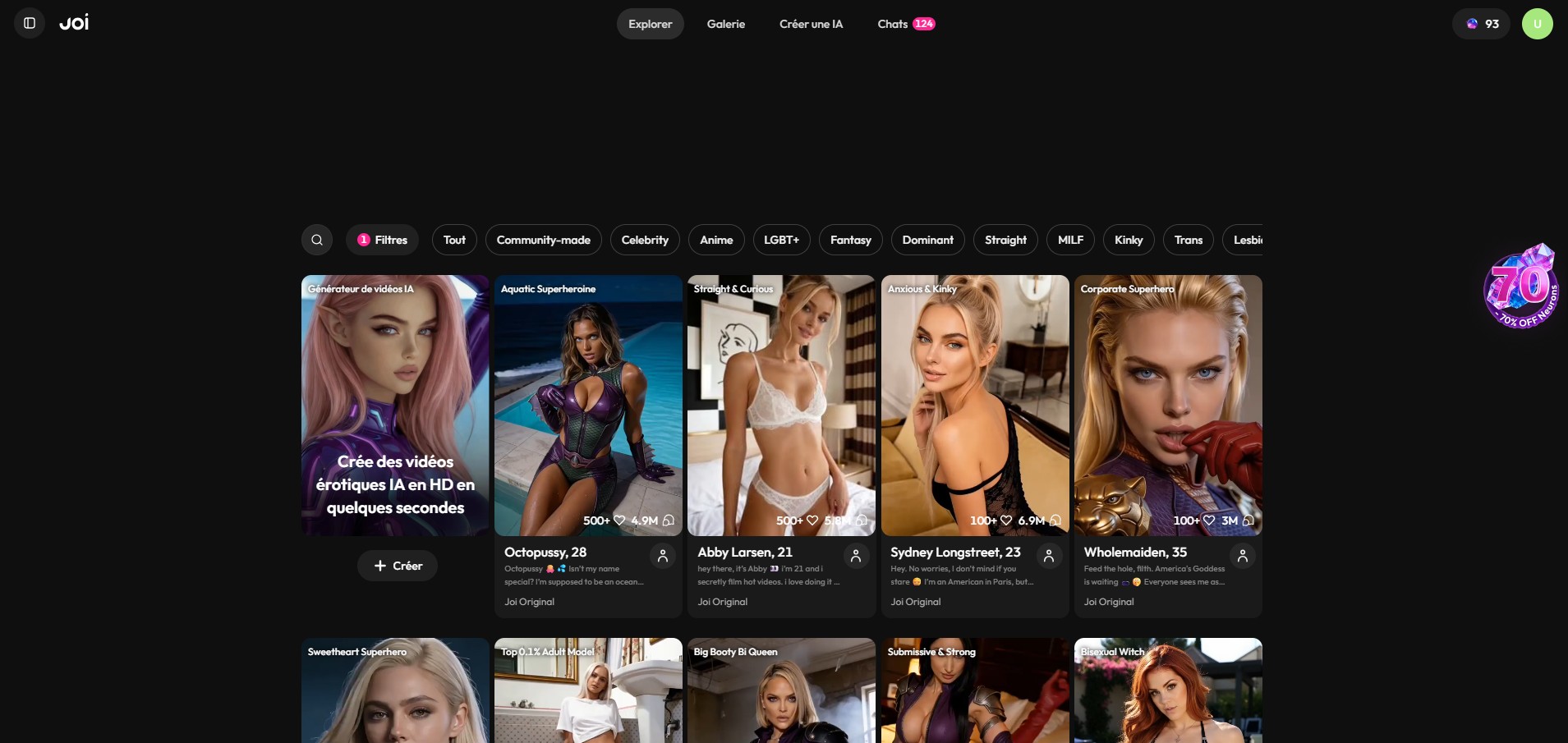 Joi AI: character gallery, the entry point to the photo generator