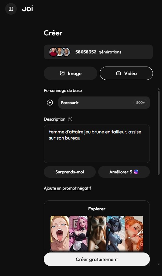 Joi AI: image creator interface, Image mode selected