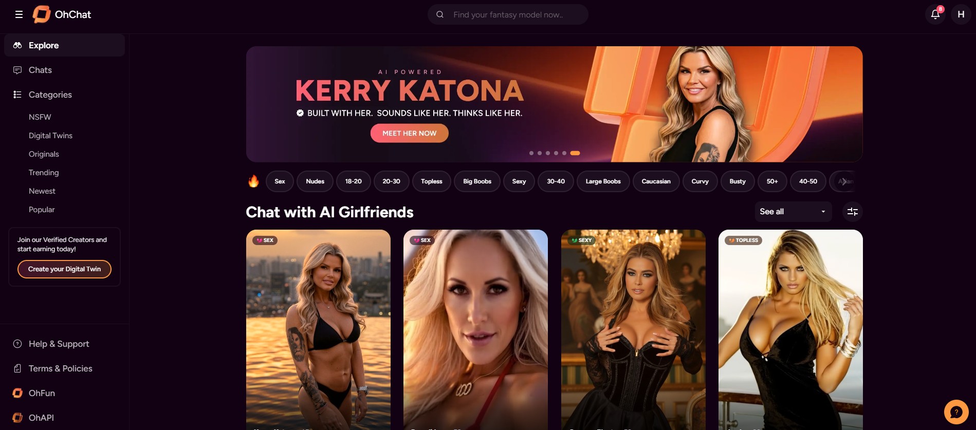 OhChat review — the homepage: the "built with her" Digital Twin banner and the catalog