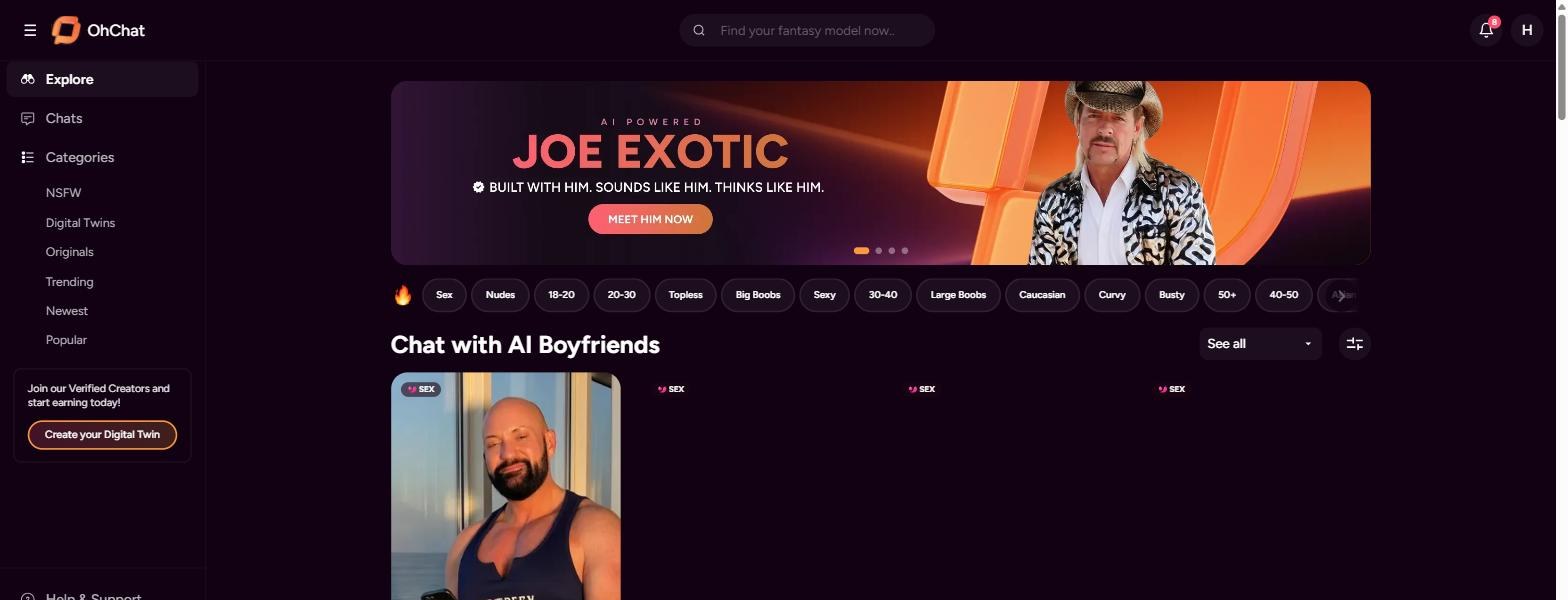 OhChat review — the Female/Male toggle: a catalog of male companions, "AI Boyfriends"