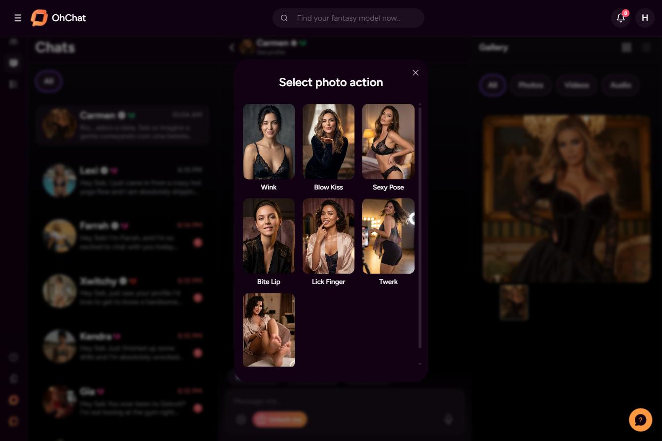 OhChat review — photo generation via preset actions (Wink, Blow Kiss, Sexy Pose…)