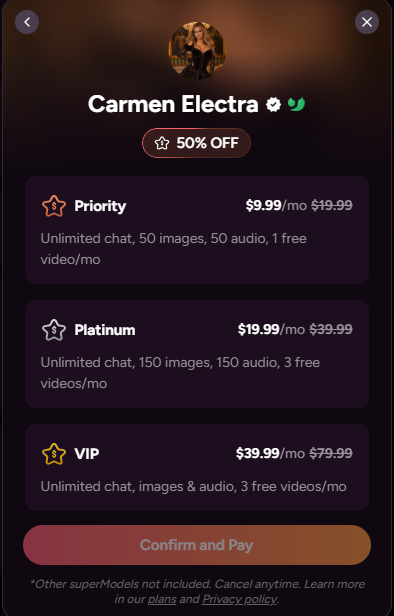 OhChat review — the per-character subscription tiers (Priority, Platinum, VIP)