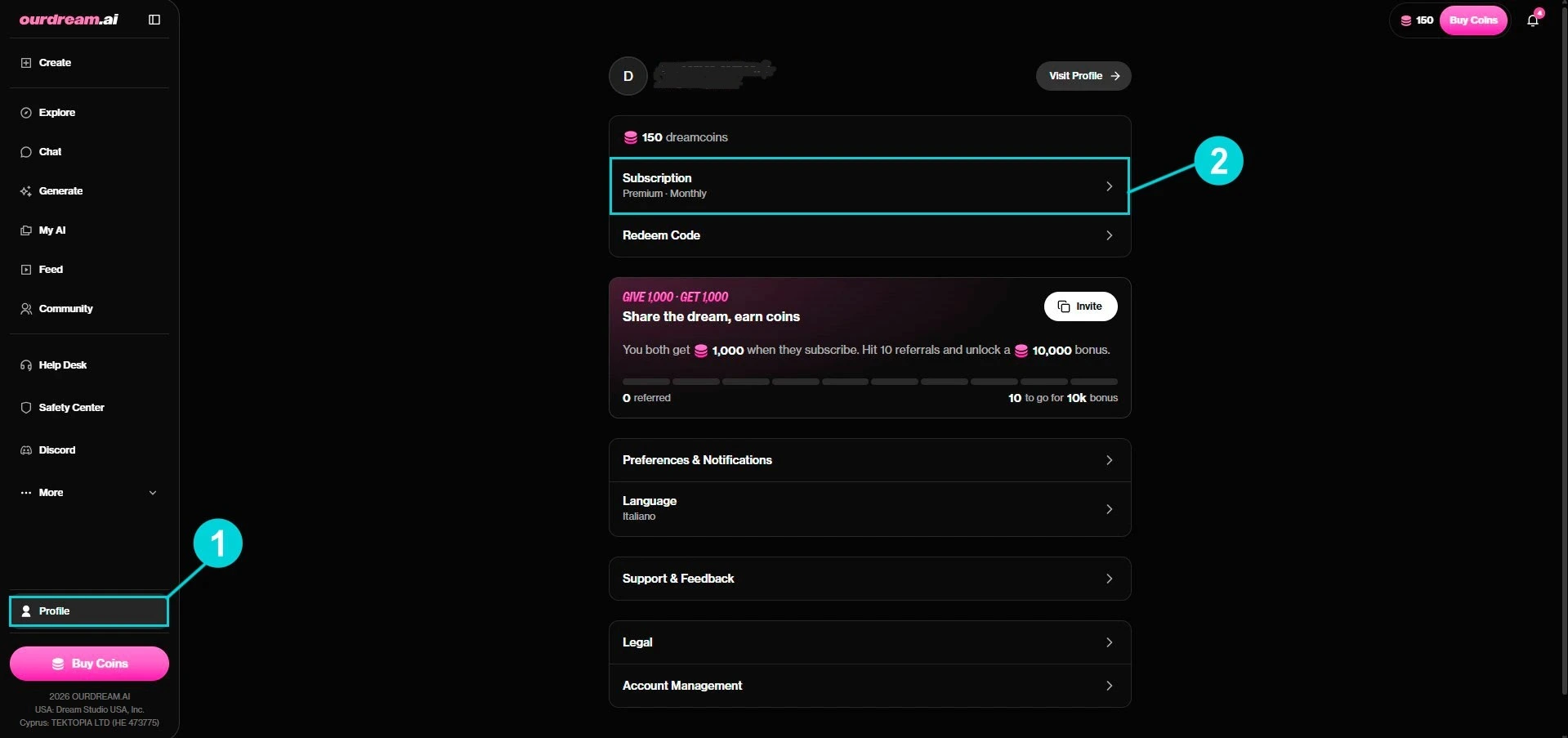 OurDream AI: profile page, accessing the Subscription card