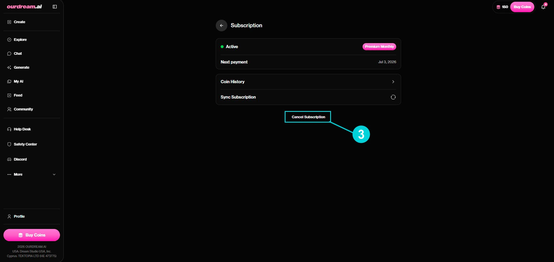 OurDream AI: Subscription page, Cancel Subscription button