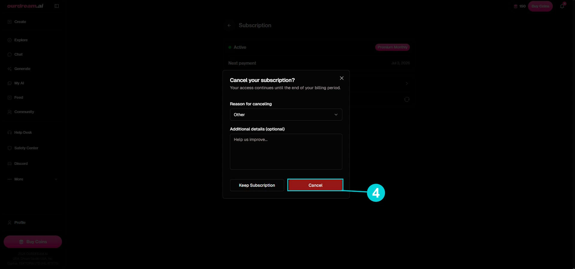 OurDream AI: Cancel your subscription confirmation window
