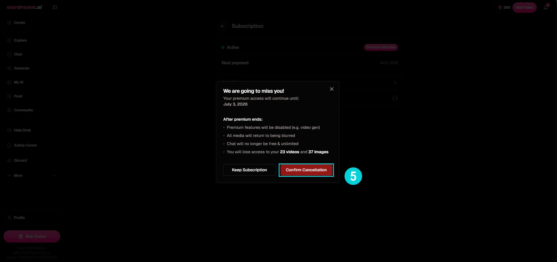 OurDream AI: end-of-subscription recap and Confirm Cancellation