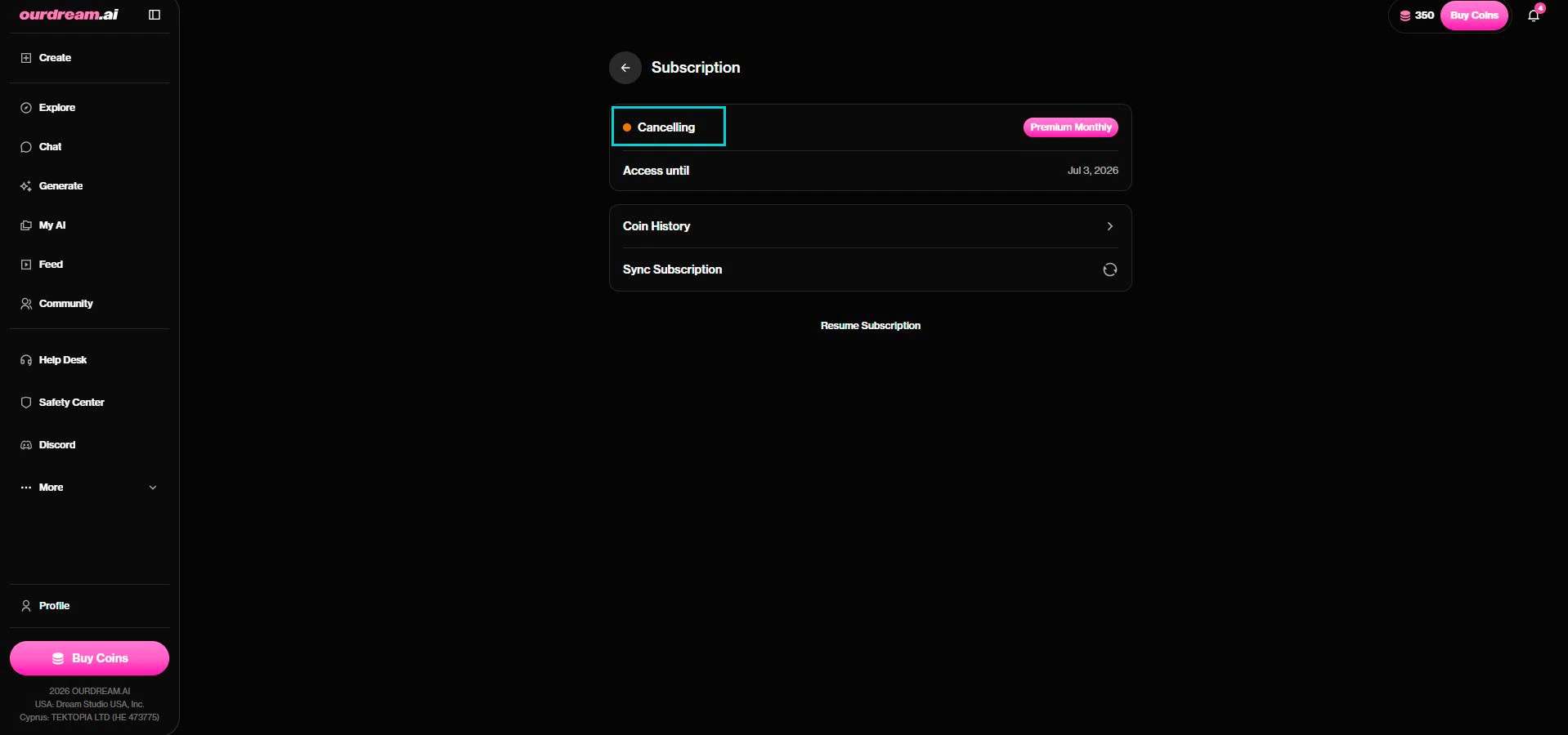 OurDream AI: Cancelling status, access until the date, Resume Subscription