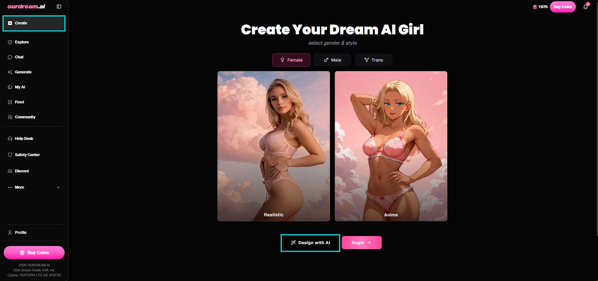 OurDream AI: Create Your Dream AI Girl page, Design with AI button