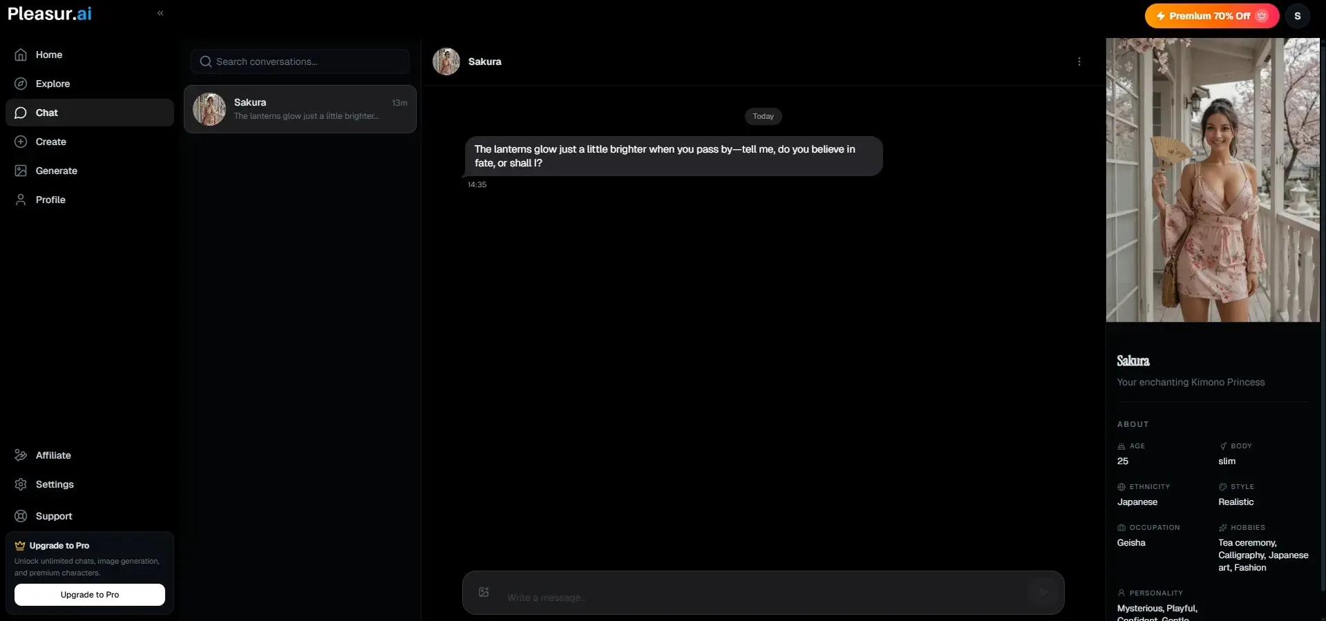 Pleasur AI interface and character catalog