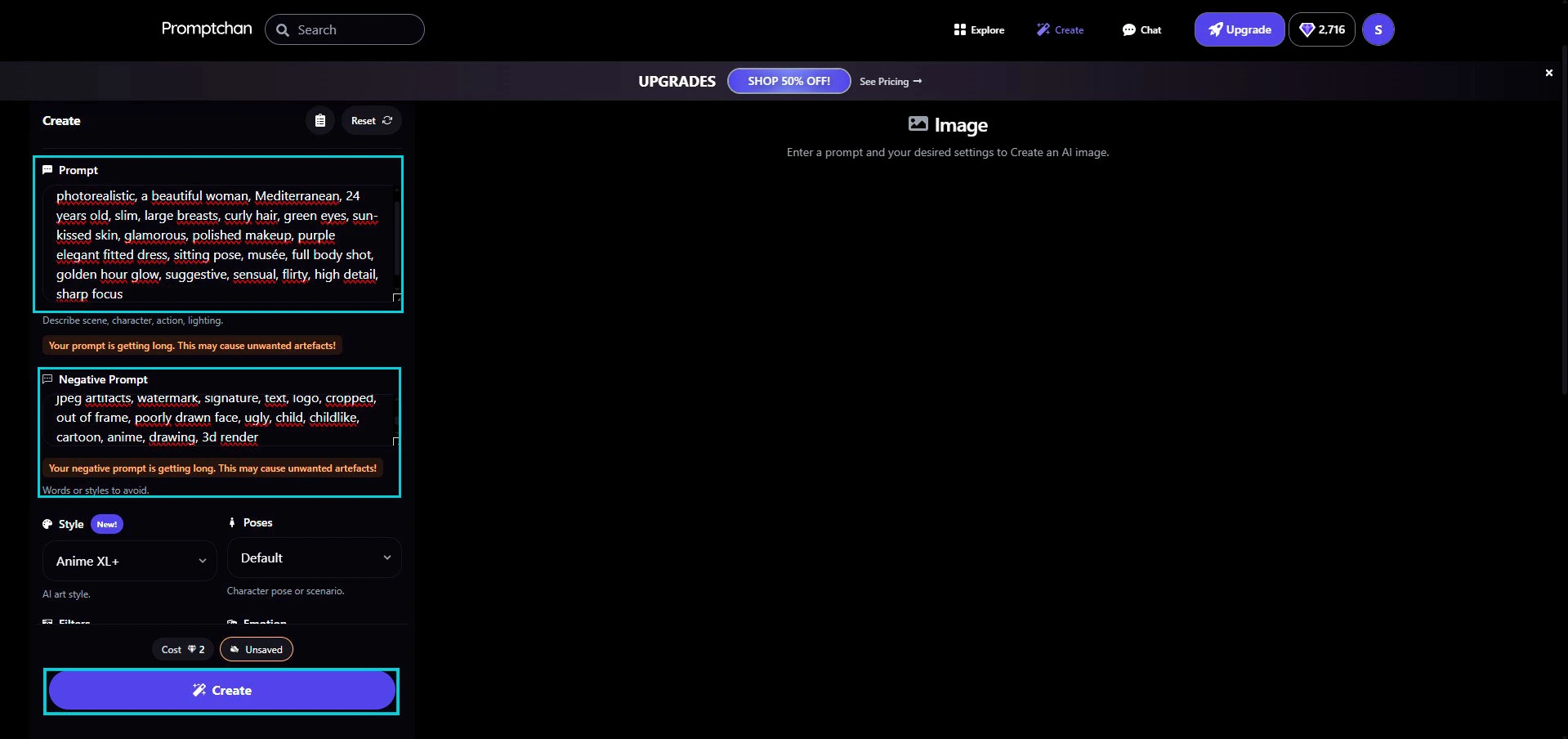 Promptchan: filled Prompt and Negative Prompt, active Create button