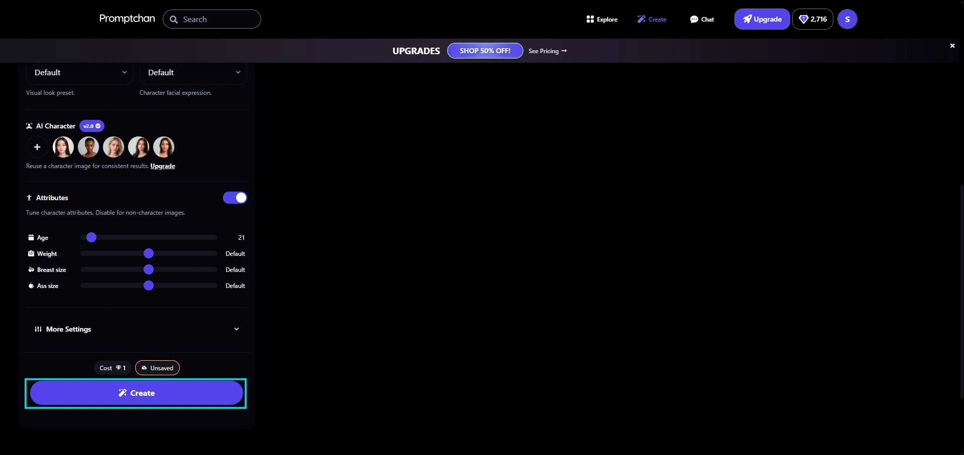 Promptchan: AI Character section and Attributes sliders (age, body), Create button