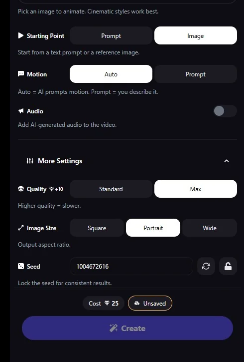 Promptchan: Animate panel — Starting Point, Motion, Audio, Quality, Image Size, Seed and Gem cost