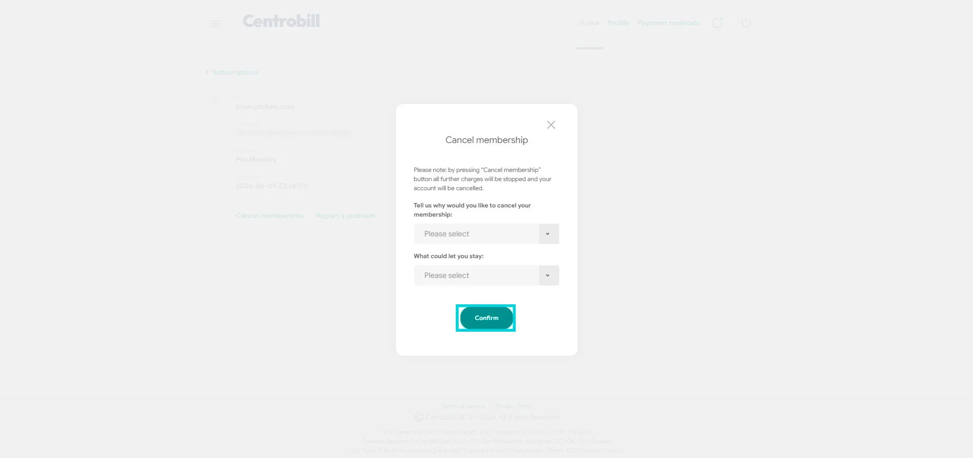 Centrobill: Cancel membership pop-up, Confirm button