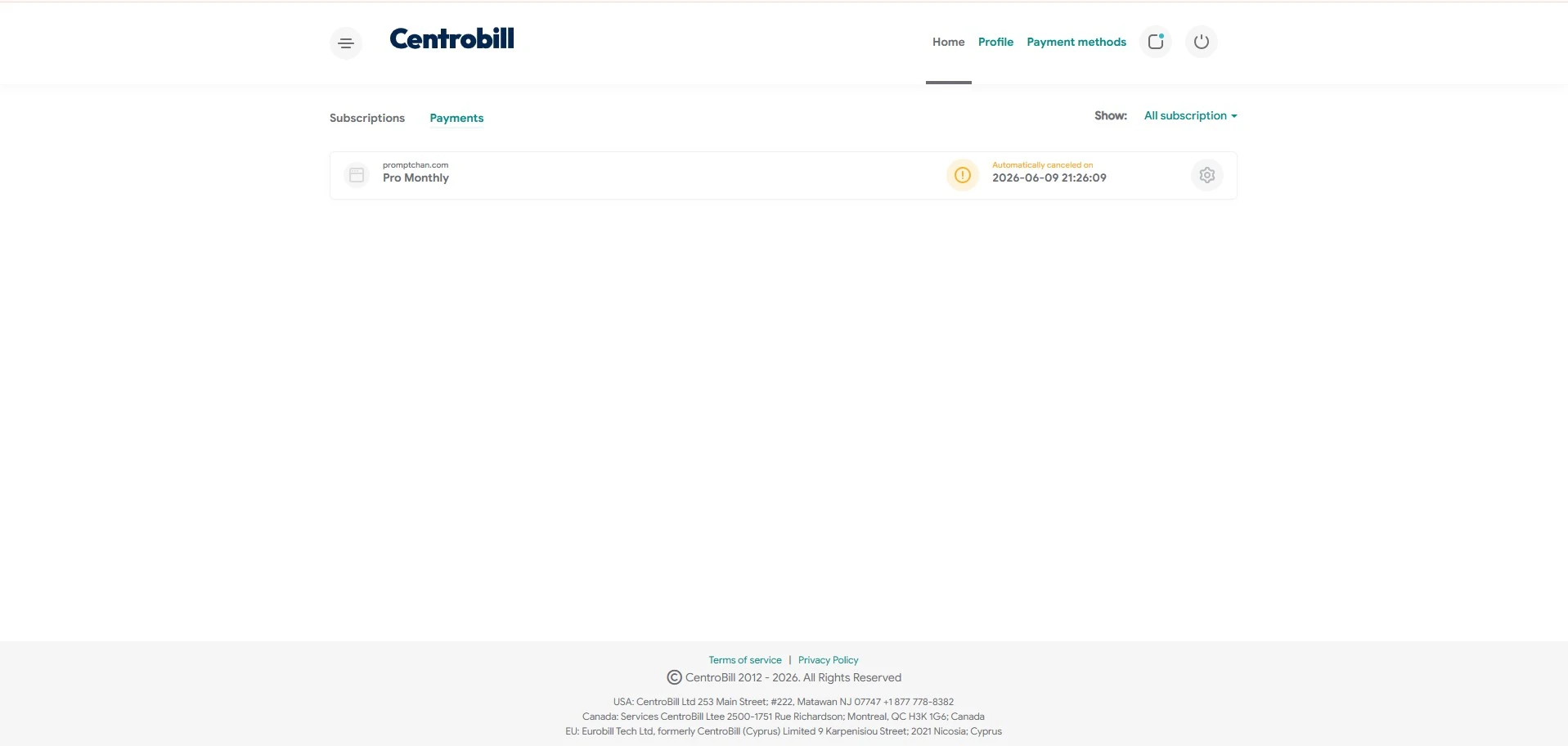 Centrobill: subscription Automatically canceled on, cancellation confirmed