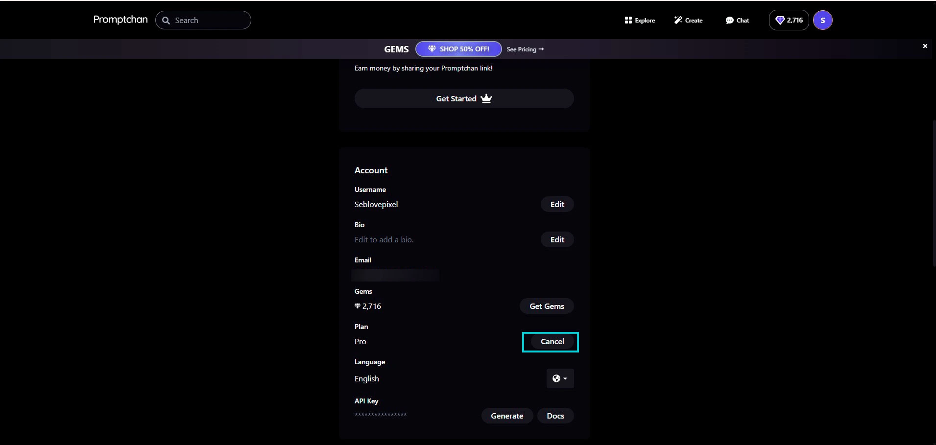 Promptchan: Account section, Cancel button next to the Pro plan