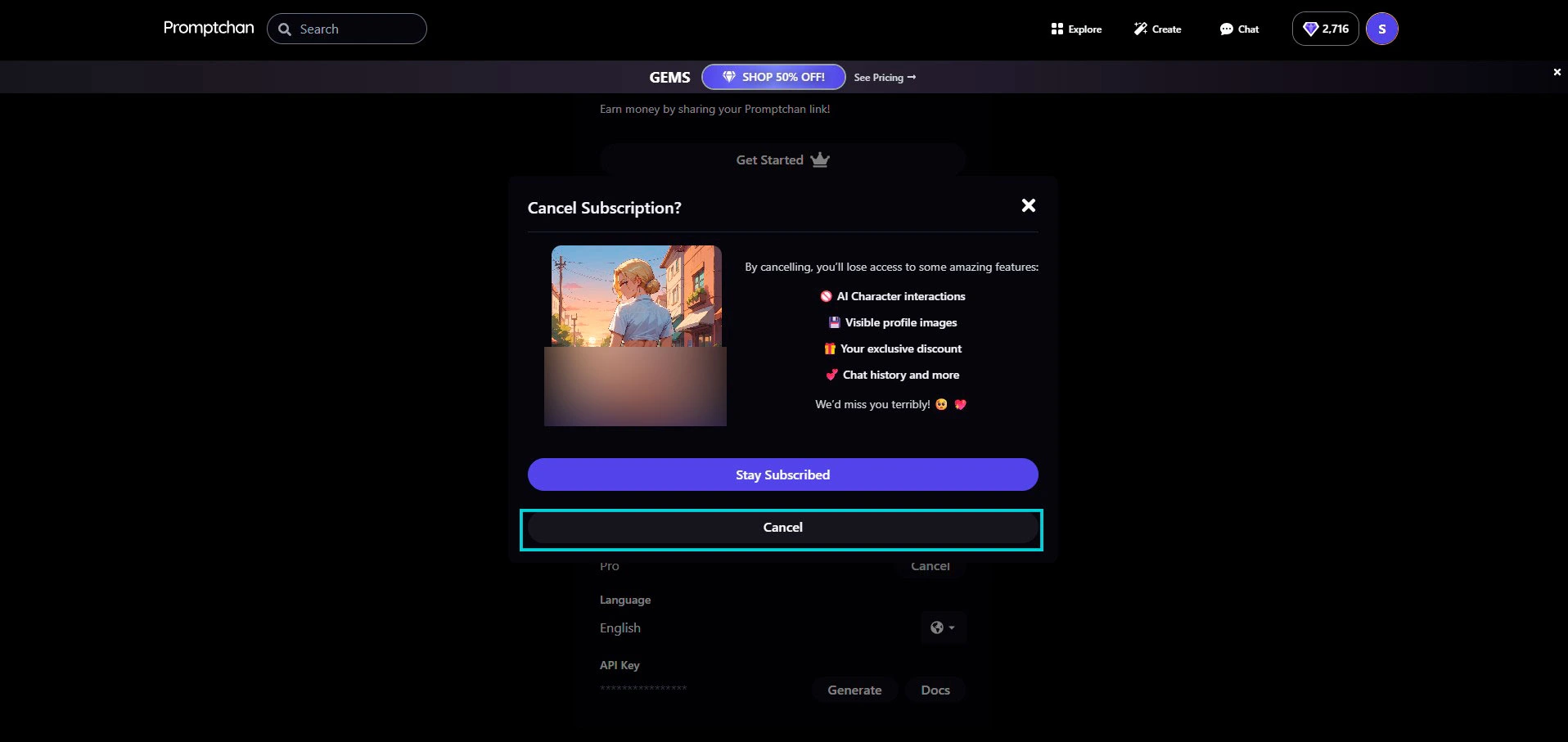 Promptchan: Cancel Subscription pop-up, what you lose by cancelling
