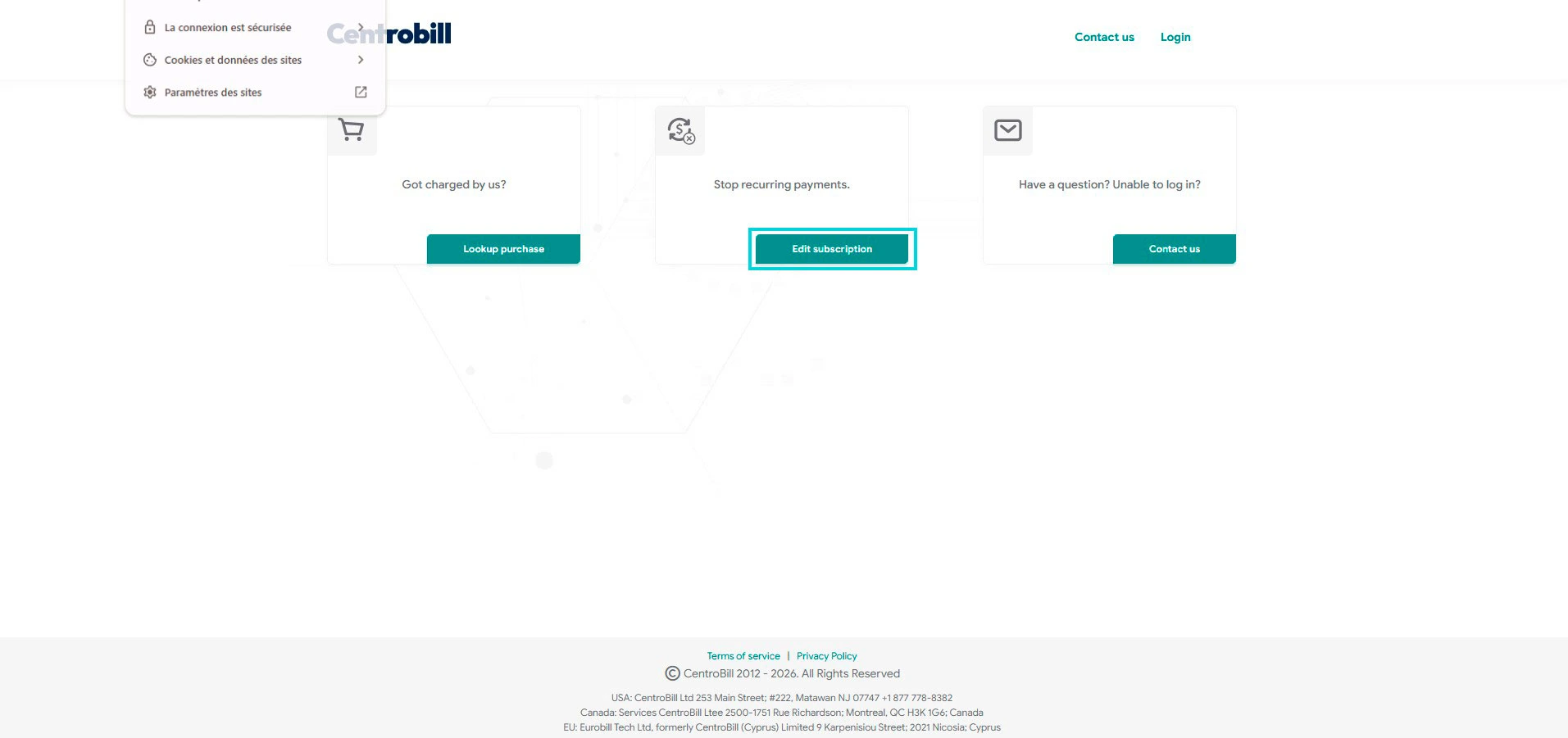 Centrobill: Stop recurring payments, Edit subscription button