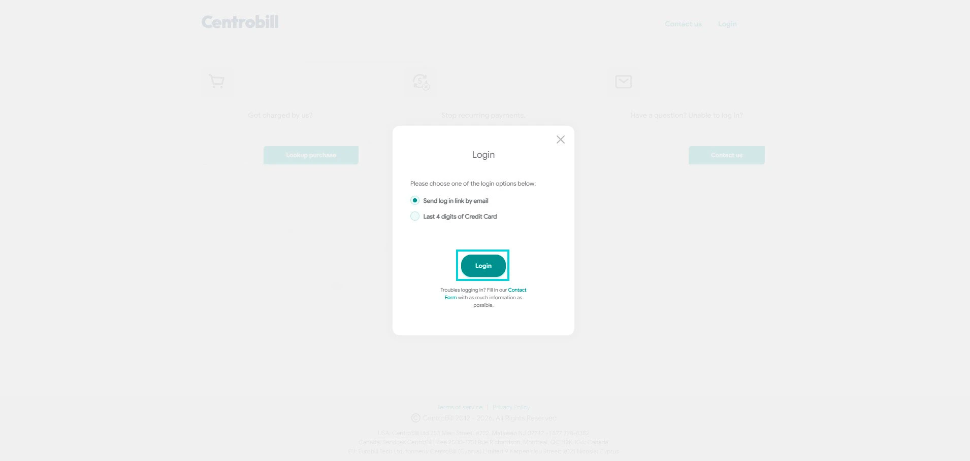 Centrobill: choosing the sign-in method (email link or last 4 card digits)