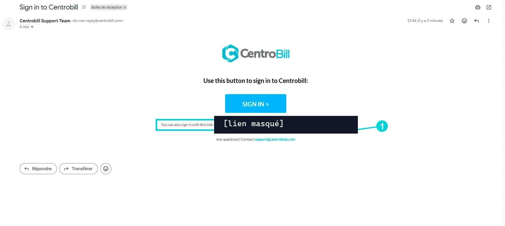 Centrobill email: Sign in button