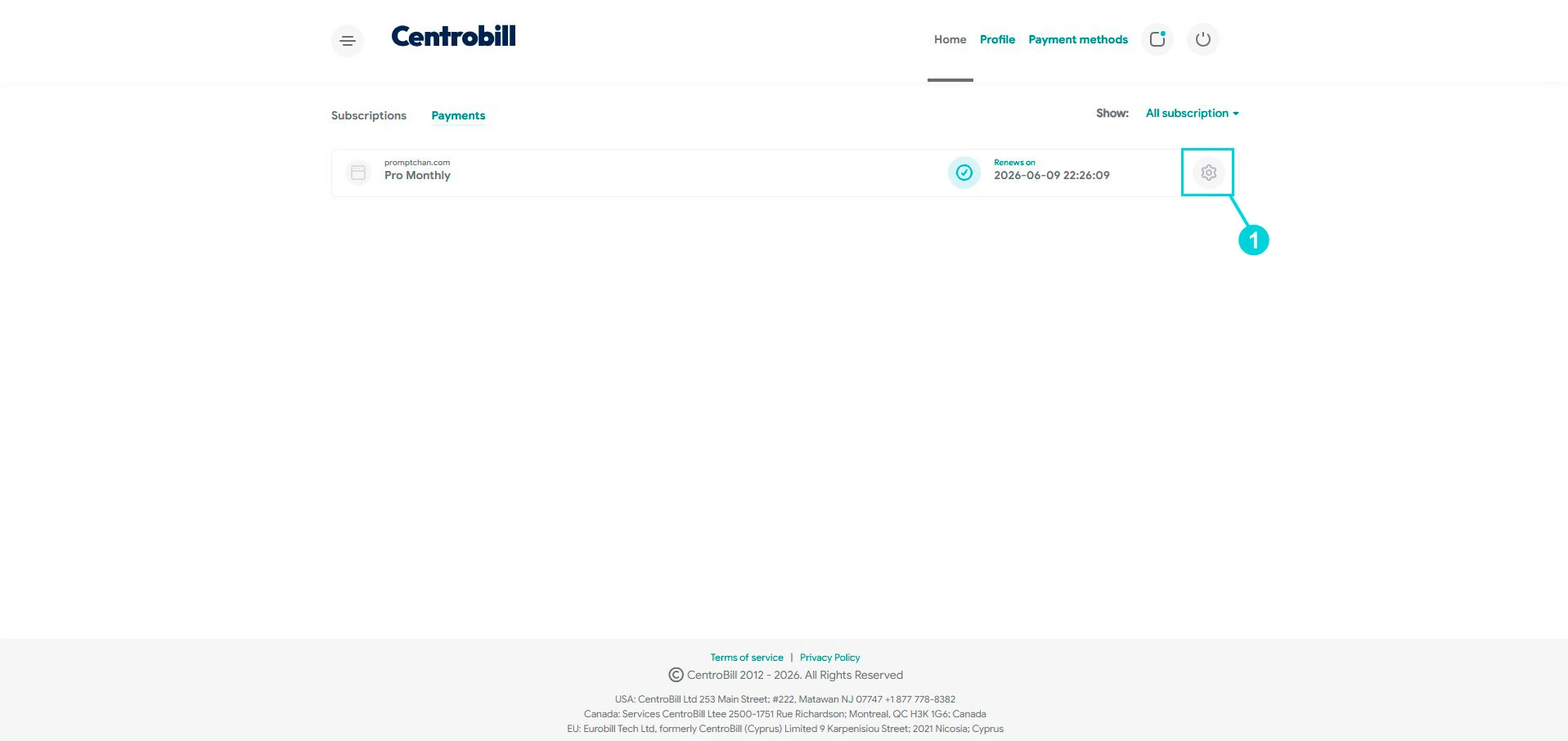 Centrobill: promptchan.com Pro Monthly subscription, settings icon