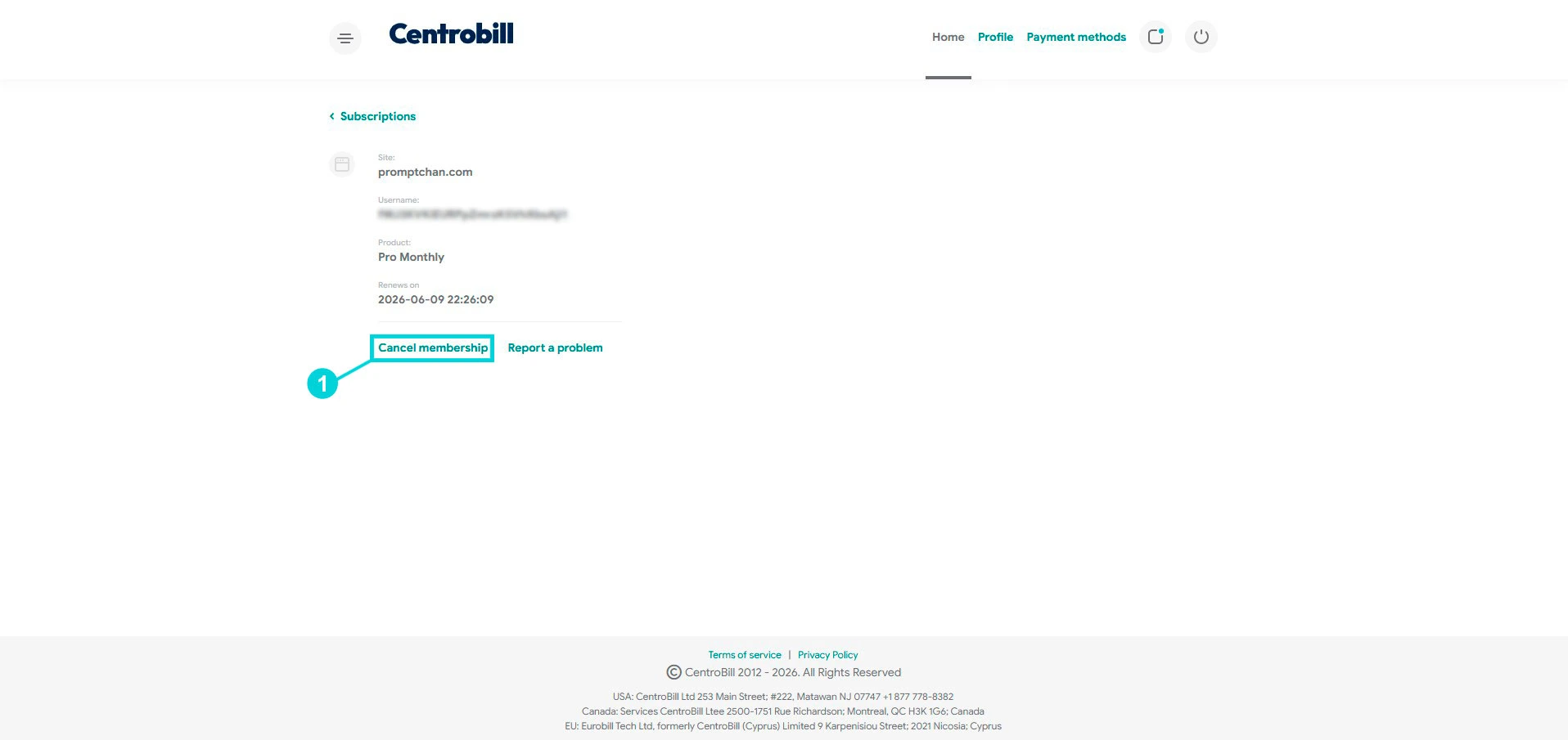 Centrobill: subscription card, Cancel membership link