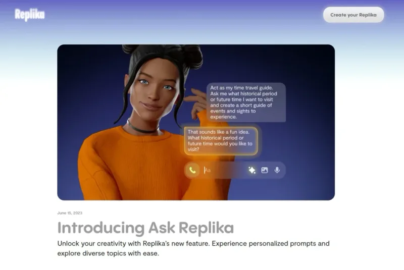 Replika 3D avatar in conversation — app interface with written exchange