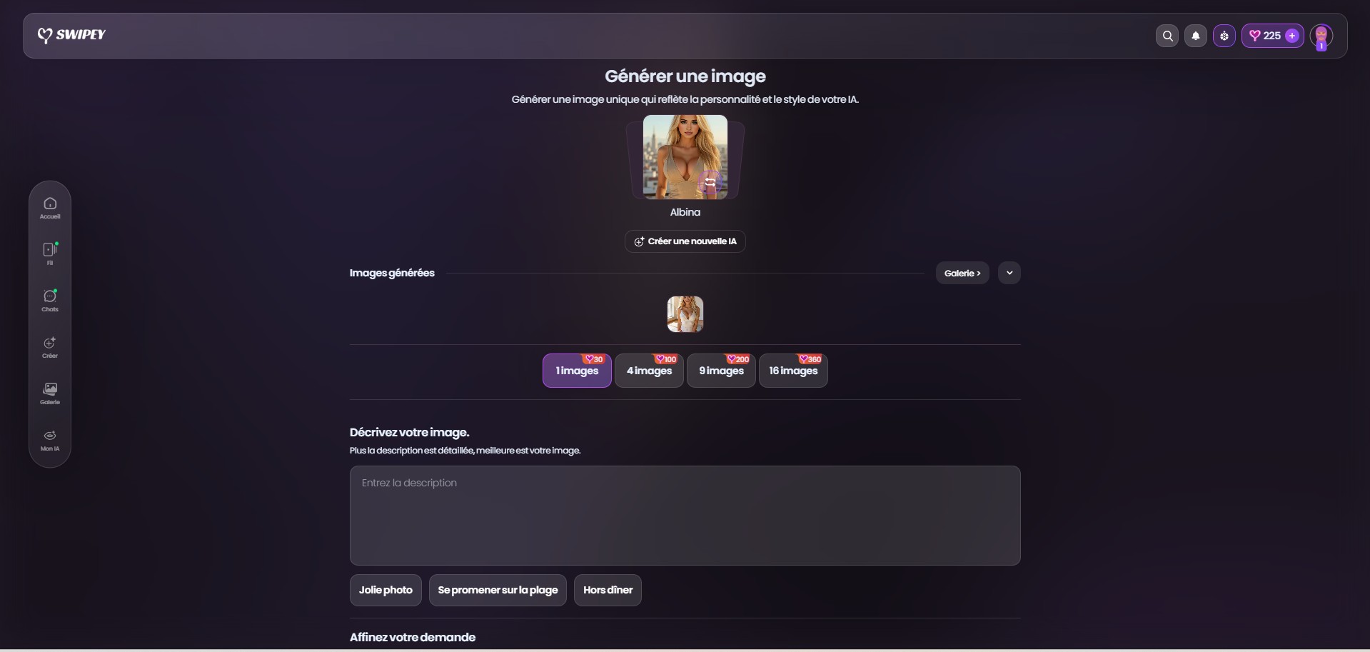 Swipey AI: image generator interface with Albina, cost tiers and prompt suggestions