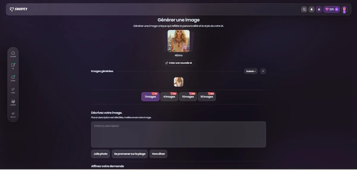 Swipey AI: image generator interface with Albina, cost tiers and prompt suggestions