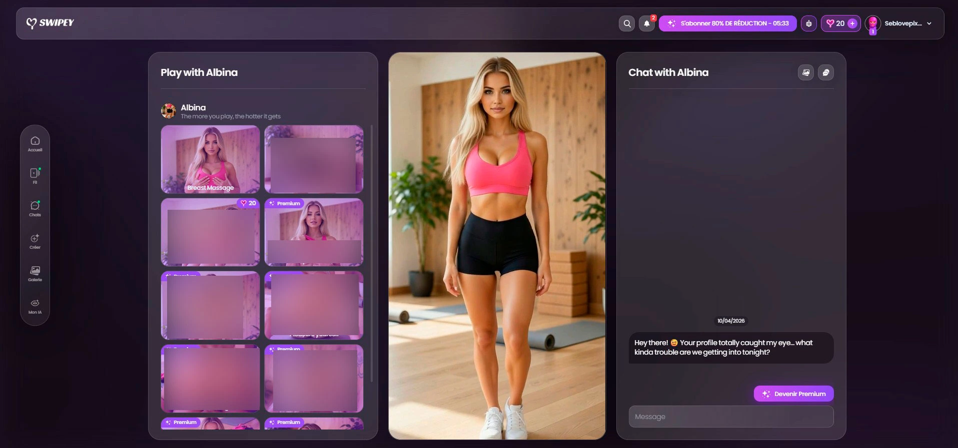 Albina Swipey AI — director-mode capture, gym context (NSFW zones blurred)
