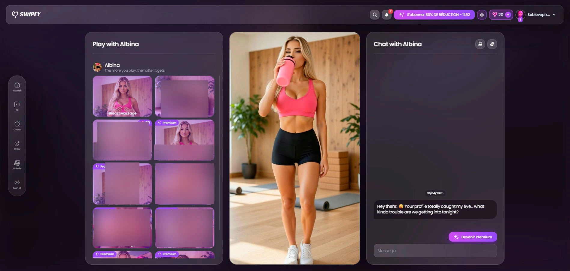 Albina Swipey AI — profile capture inside the app, Tinder-style format