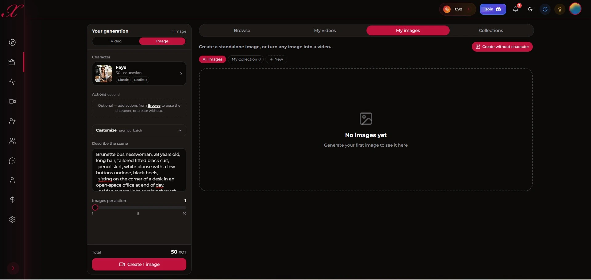 Xotic AI: image config with character Faye and detailed businesswoman prompt