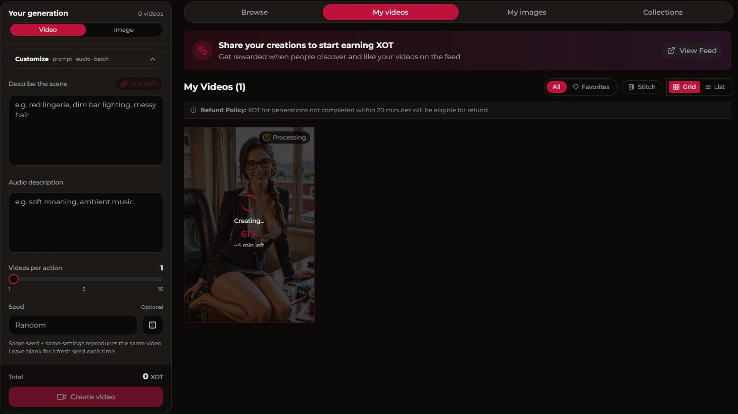 Xotic AI: video generation interface with audio description, seed and refund policy