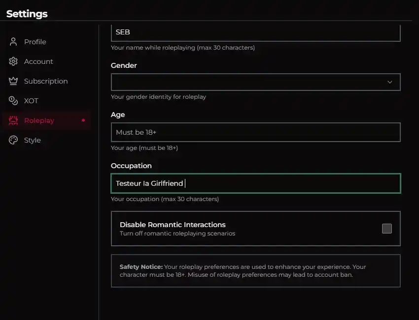 Xotic profile settings: Seb, AI Girlfriend Tester
